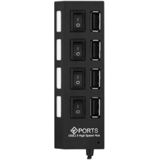 Разветвитель USB2.0 Gembird 4xUSB, блок питания 2А, подсветка и выкл, кабель USB 55 см, черный
