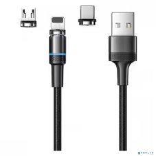 Кабель USB Rexant 3в1 со съемными магнитными портами, Type-С (2A), Lightning (2,4A), Micro USB (2A), 1,2м, в черной оплетке, с LED подсветкой