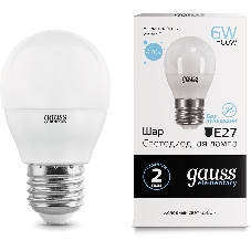 Лампа светодиодная Gauss Elementary 6Вт цок.: E27 шар 220B 6500K св. свеч. бел. хол. (упак.: 10 шт)
