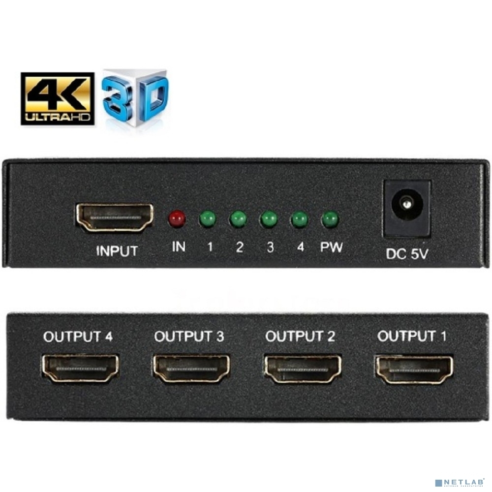 Разветвитель HDMI HDMI 4K Splitter Orient HSP0104H, 1->4, HDMI 1.4b/3D, UHDTV 4K(3840x2160)/HDTV1080p/1080i/720p, HDCP1.2, внешний БП 5В/1.5A, метал.