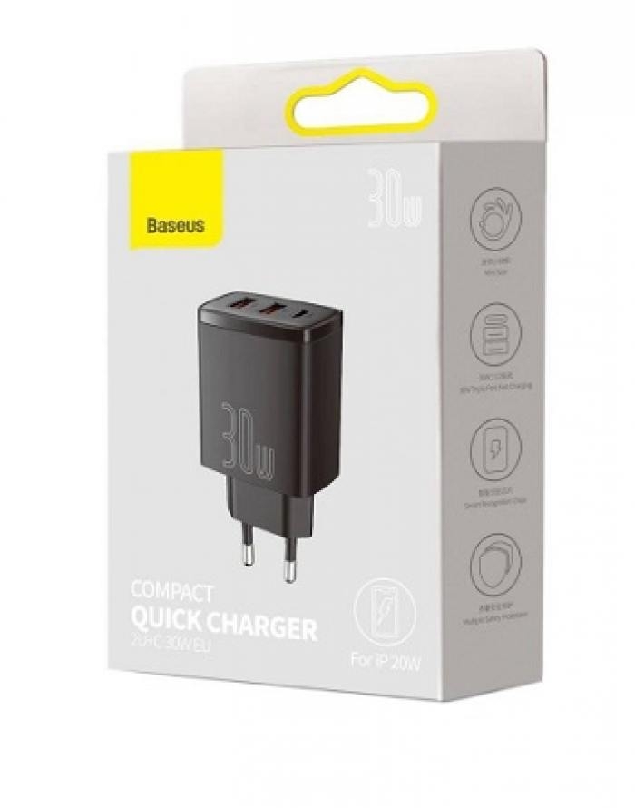Сетевое зарядное устройство BASEUS Compact Quick Charger, два порта USB, один порт Type-C, 30W, 5V, 3.0A, черный