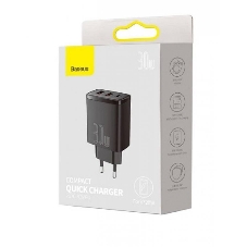 Сетевое зарядное устройство BASEUS Compact Quick Charger, два порта USB, один порт Type-C, 30W, 5V, 3.0A, черный