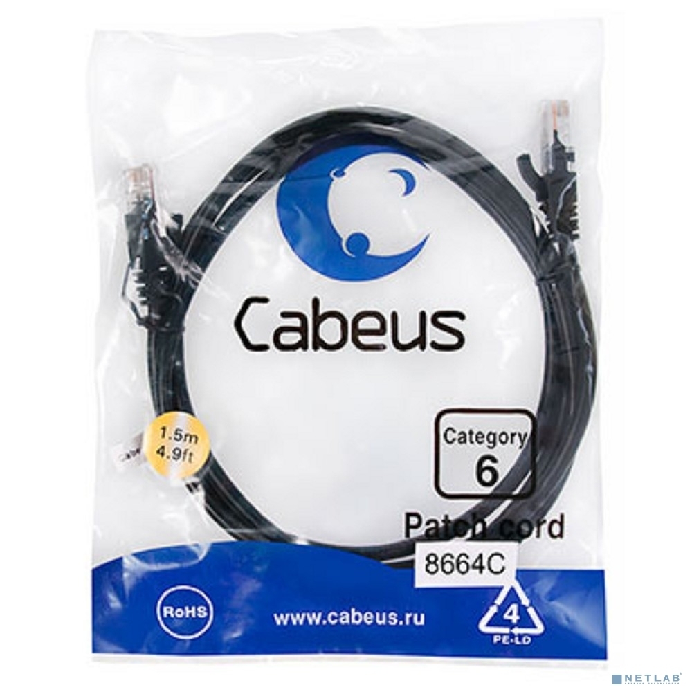 Шнур комм. Cabeus, cat.6, неэкр., U/UTP, RJ45/RJ45, PVC, AWG24, 1.5м, черный
