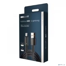Кабель Rexant USB-A - Lightning для Apple, 2,4А, 1м, в черной нейлоновой оплетке, со световой индикацией