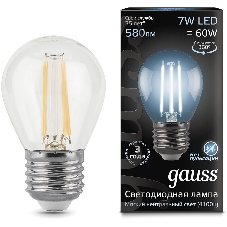 Лампа светодиодная филаментная Gauss 7Вт цок.: E27 шар 220B 4100K св. свеч. бел. нейт. G45 (упак.: 10 шт)