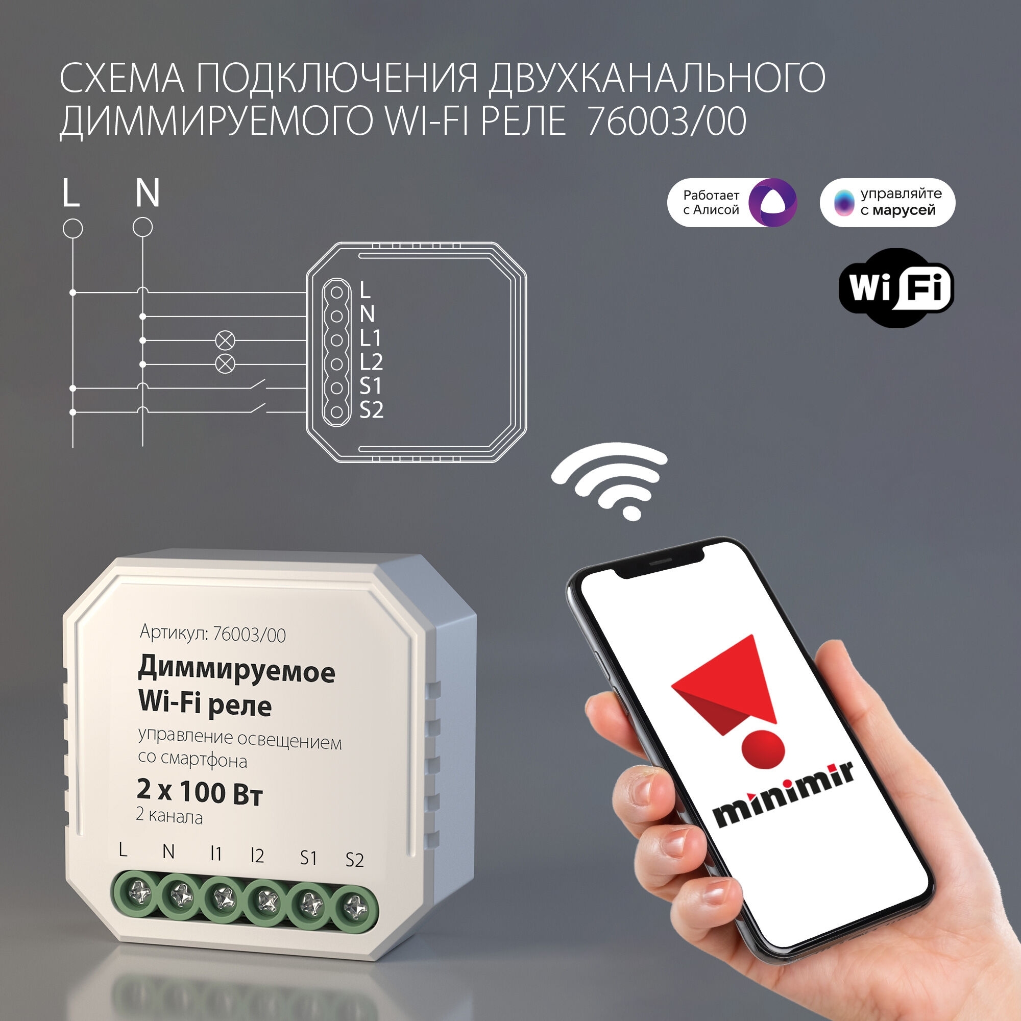76003/00 диммируемое Wi-Fi реле 2 канал 2*100W