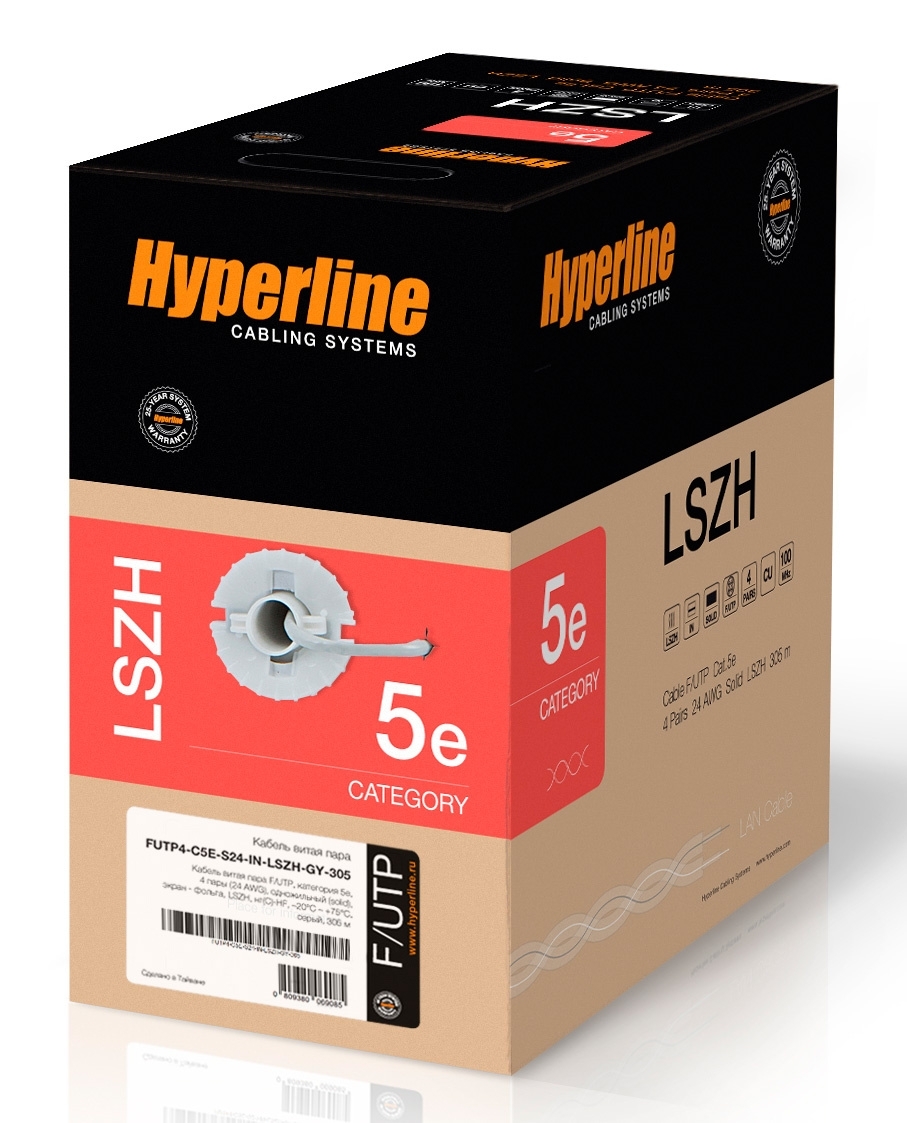 Кабель витая пара F/UTP Hyperline FUTP4-C5E-S24-IN-LSZH-GY-305 (FTP4-C5E-SOLID-LSZH-GY-305) (305 м), категория 5e, 4 пары (24 AWG), одножильный (solid), экран - фольга, LSZH, нг(С)-HF, –20°C – +75°C, серый - гарантия: 15 лет компонентная; 25 лет системная