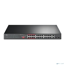 Коммутатор 24-port 10/100Mbps Unmanaged PoE+ Switch with 2 combo RJ-45/SFP uplink ports, metal case, rack mount, 24 802.3af/at compliant PoE+ ports, 2 gigabit combo RJ-45/SFP uplink ports, DIP switches for Extend mode, Isolation mode and Priority mode, up to 25