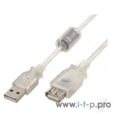Кабель-удлинитель USB2.0 Pro Cablexpert CCF-USB2-AMAF-TR-2M, AM/AF, 2м, экран, 2феррит.кольца, прозрачный, пакет