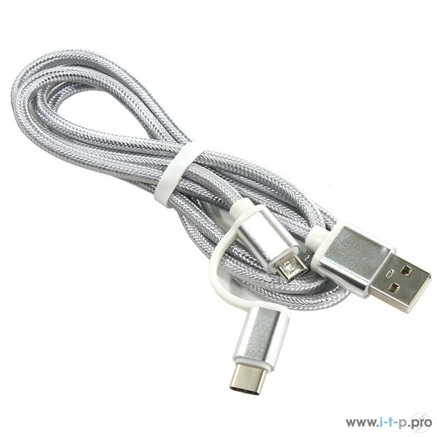 Кабель KS-is KS-349S 2 в 1 USB-microUSB/USB Type C , 1м сер 