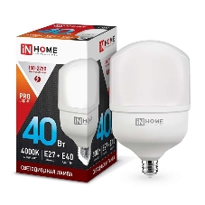 Лампа светодиодная LED-HP-PRO 40Вт 230В 4000К E27 3600лм с адаптером IN HOME 4690612031095 Лампа светодиодная LED-HP-PRO 40Вт 230В 4000К E27 3600лм с адаптером IN HOME 4690612031095