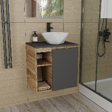 Тумба Bau Dream Blackwood 60 правая, графит, раковина BAU Crystal 40х40, смеситель для раковины высокий Hotel Black, черный