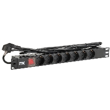 Блок розеток ITK PDU 7 розеток DIN49440 (нем. cтанд.) с LED выключателем, 1U, шнур 2м вилка DIN49441 (нем. станд.), профиль из ПВХ, черный