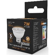 Лампа светодиодная Gauss Black 7Вт цок.:GU5.3 рефлек. 220B 3000K св.свеч.бел.теп. MR16 (упак.:10шт) (101505107)