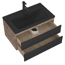 Тумба под раковину Bau Stil Loft black brushed, раковина кварцевая BAU Stil 75, черный металлик, смеситель Dream Black, черный