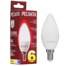Лампа светодиодная Ресанта LL-R-C37-6W-230-3K-E14 свеча, 6 Вт, теплый, Е14