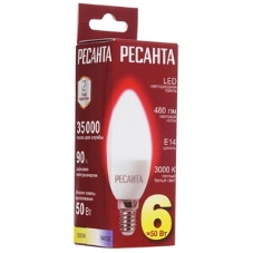 Лампа светодиодная Ресанта LL-R-C37-6W-230-3K-E14 свеча, 6 Вт, теплый, Е14