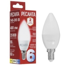 Лампа светодиодная Ресанта LL-R-C37-6W-230-4K-E14 свеча, 6 Вт, нейтр., Е14