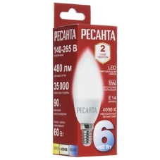 Лампа светодиодная Ресанта LL-R-C37-6W-230-4K-E14 свеча, 6 Вт, нейтр., Е14
