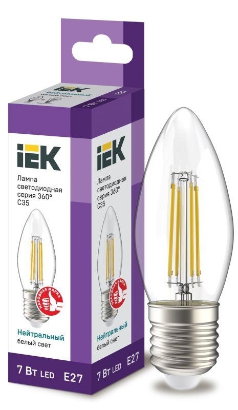 Лампа светодиодная IEK LLF-C35-7-230-40-E27-CL филаментная 360° 7Вт C35 свеча 4000К E27 230В прозр.
