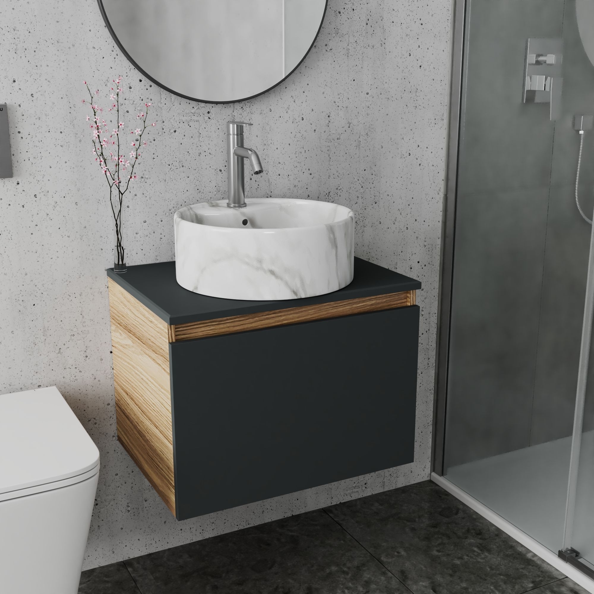 Комплект: тумба Bau Dream Blackwood графит 60, 1 ящик, раковина круглая накладная BAU Element D41, мрамор, смеситель Hotel Dream, нерж сталь