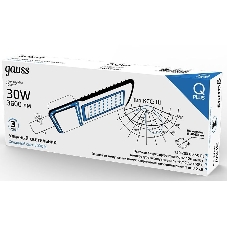 Светильник светодиодный Gauss Qpus 370х145х45 30Вт 5000К 3600лм IP65 110-260В уличный КСС 