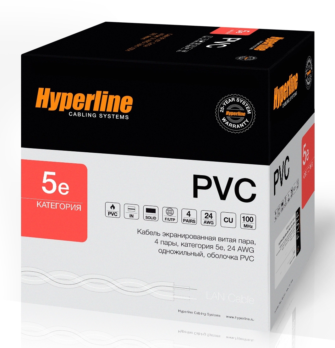 Кабель Hyperline FUTP4-C5E-S24-IN-PVC-GY-305 (FTP4-C5E-SOLID-GY-305) (305 м) Кабель витая пара, экранированная F/UTP, категория 5e, 4 пары (24 AWG), одножильный (solid), экран - фольга, PVC, –20°C – +75°C, серый - гарантия: 15 лет компонентная; 25 лет системная
