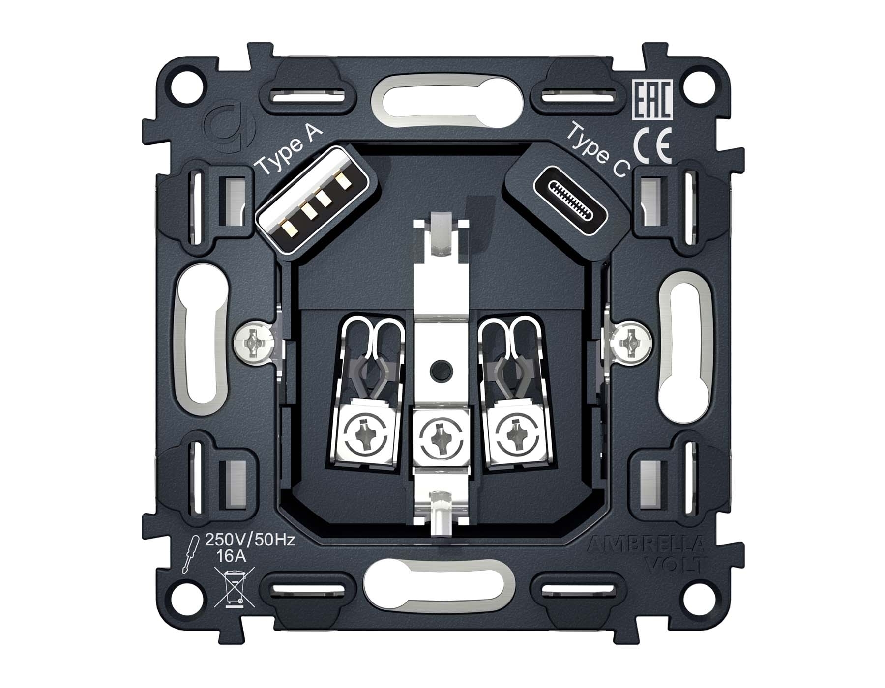 Механизм электрической розетки 2USB A+C 20W (быстрая зарядка) с/з на винтовых зажимах QUANT VM160