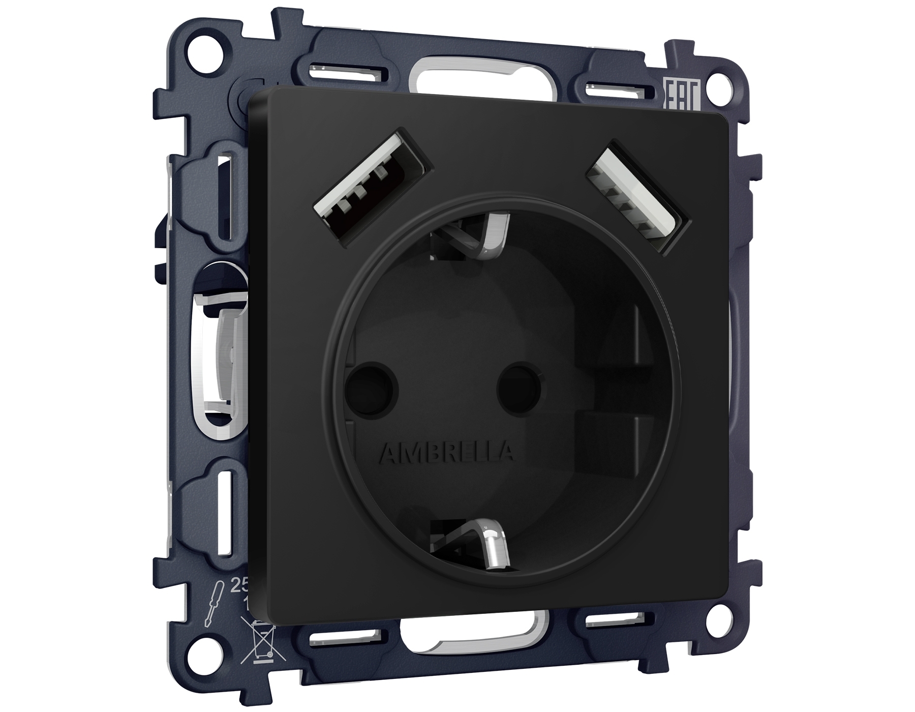 Комплект механизма электрической розетки ALFA Черный матовый 2USB A+A 18W (быстрая зарядка) с/з QUANT (AP8090, VM155) MA809010