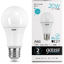 Лампа светодиодная Gauss Elementary 20Вт цок.:E27 груша 220B 4100K св.свеч.бел.нейт. A60 (упак.:10шт) (23229)