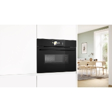 Встраиваемый духовой шкаф Bosch CMG978NB1 Accent line с микроволновой печью и 22 типами нагрева, 45.5x59.5x54.8 см, 45л, дисплей,инвертор,SoftClose и SoftOpen, Bosch Assist, черный. Телескопические направляющие 1 уровень,пиролитическая очистка,многоточечный термощуп PerfectRoast