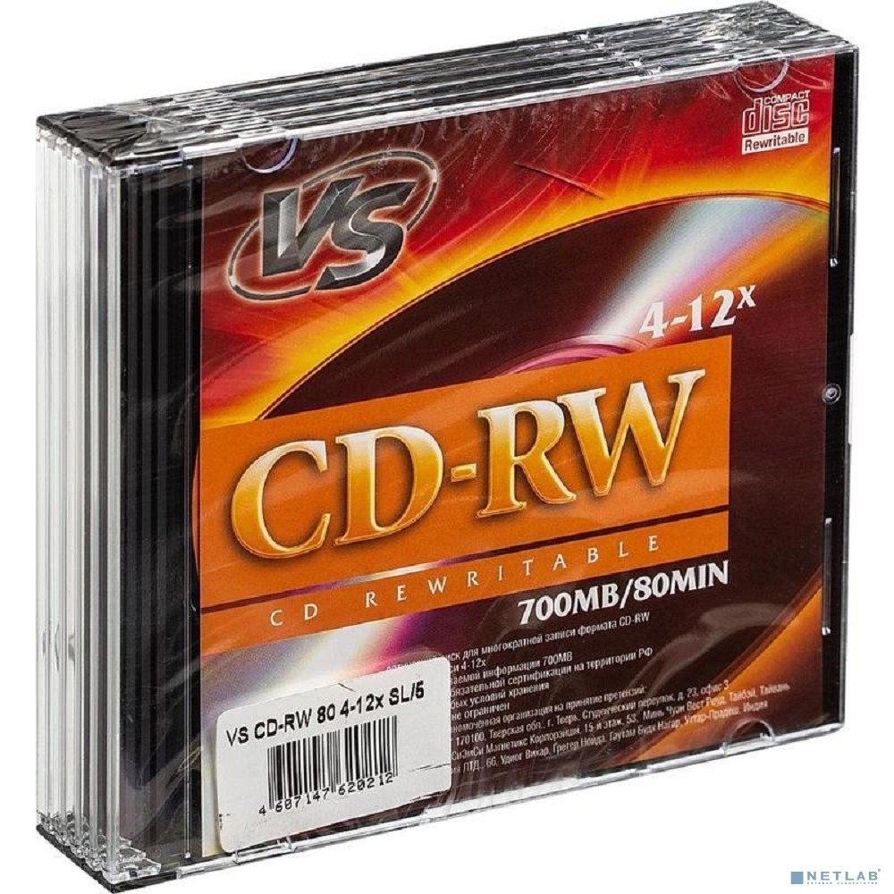 Диск CD-RW VS 700 Mb, 12x, Slim Case (5), (5/200).
