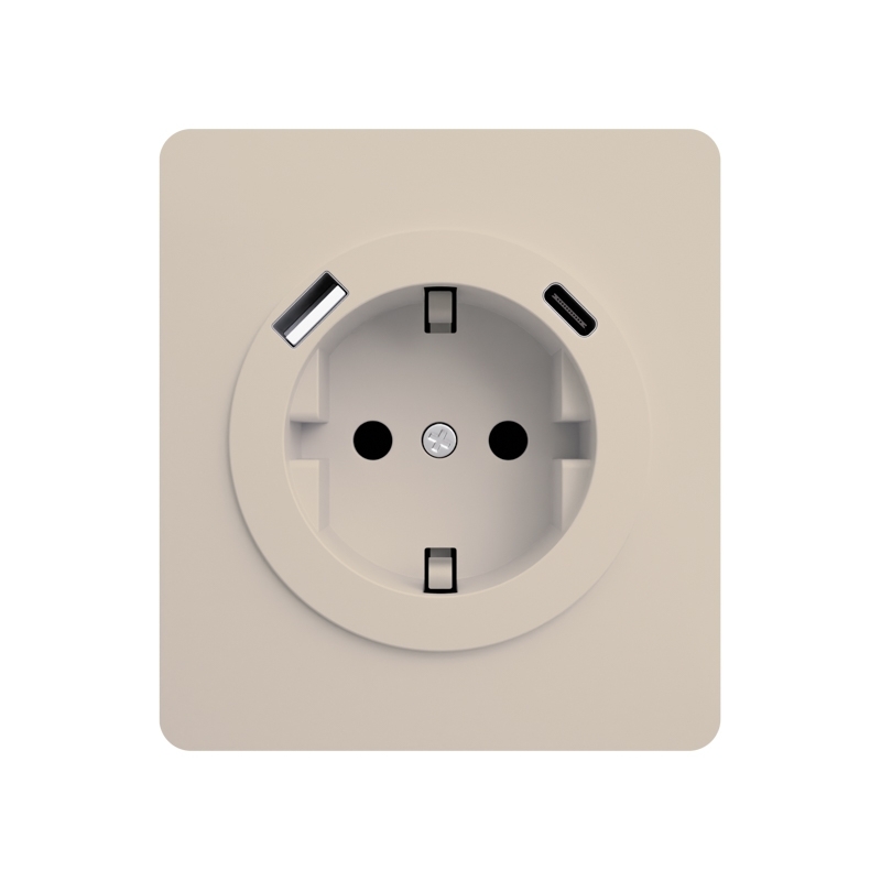 Розетка KRANZ ROUND 1-ая с/з с/у з/ш 16А с USB A+C быстрой зарядки 5В/3А шелк