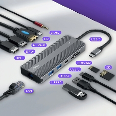 USB-концентратор HIPER HP-DS11-01, USB Type-C, USB Type-C/HDMI/USB-A/microSD/SD/DisplayPort/3.5мм/RJ45, USB