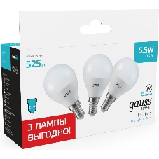 Лампа светодиодная Gauss Basic 10531252T 5.5Вт цок.: E14 шар 220B 4100K св. свеч. бел. нейт. (упак.: 3 шт)