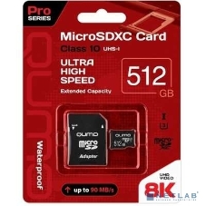 Флеш карта QUMO MicroSDXC 512 Gb 90/80 МБ/с UHS-I U3, Pro seria 3.0, адаптер в комплекте SD, красная картонная упаковка