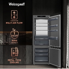 Встраиваемый холодильник Weissgauff WRKI 1970 INV. INOX нержавеющая сталь, 341л, морозилка снизу