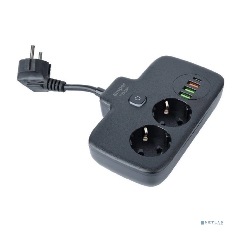 Сетевой удлинитель Amper 0,2 м, 2 розетки, 3*0,75 мм, 10А, 2500 Вт, 3usb, 1 Type-C, 1кн, черный.