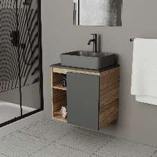 Тумба Bau Dream Blackwood 60 правая, графит, раковина BAU Cerama 48х37 темно-серая матовая, смеситель Hotel Dream Black, нерж. сталь, черный