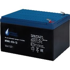 Battery Parus Electro, professional series HML-12-12, voltage 12V, capacity 12Ah (discharge 20 hours), max. discharge current (5sec) 180A, max. charge current 4.8A, lead-acid type AGM, terminals F2, LxWxH 151x98x95mm., full height with terminals 101mm., weight 4kg., service life 12 years.