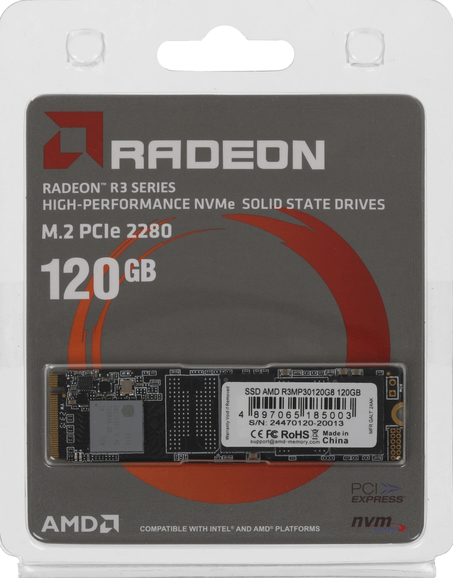 Накопитель SSD AMD Radeon R3MP30120G8, 120Gb, M.2 2280, PCIe 3.0 x4, NVMe, R/W 1800/1250