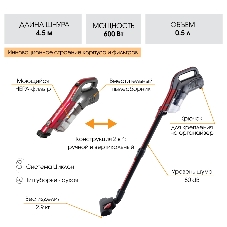 Пылесос вертикальный Endever SkyClean VC-288 красный/серый, питание от сети, 150 Вт, уборка сухая, пылесборник 0.5 л