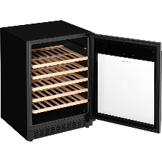 Винный шкаф KUPPERSBERG RBW 85, встраиваемый, High-Tech, объем 135 л, вместимость 54 бутылки, диапазон температуры 5-20 градусов, механическое открытие двери, 5 полок из бука, LCD дисплей, уровень шума 40 дБ, черный