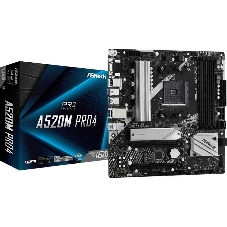 Материнская плата ASRock A520M Pro4, AM4, AMD A520, 4xDDR4, 4xSATA, 2xM.2, 1xPCIe 3.0 x16, DisplayPort, HDMI, D-Sub, 1x1Gb LAN, 3x3.5 мм, 7.1, microATX