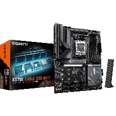 Материнская плата Gigabyte X870E EAGLE X3D WIFI7, AM5, AMD X870E, 4xDDR5, 4xSATA, 4xM.2, 1xPCIe 5.0 x16, 1xPCIe 4.0 x16, 1xPCIe 3.0 x16, 1xHDMI, 1x5Gb LAN, Wi-Fi 7, Bluetooth 5.4, 2xUSB-C 40Gbps (USB4), 1xUSB-C 10Gbps, 4xUSB-A 10Gbps, 4xUSB-A 5Gbps, 3x3.5 мм + S/PDIF оптический, 7.1, чёрный, с подсветкой, ATX