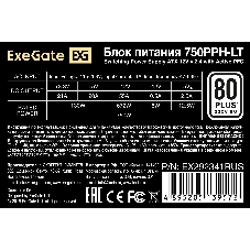 Блок питания 750W ExeGate 80 PLUS 750PPH-LT-S (ATX, APFC, SC, КПД 82% (80 PLUS), 12cm fan, 24pin, 2x(4+4)pin, 4xPCI-E, 8xSATA, 4xIDE, кабель 220V 1,8м с защитой от выдергивания, black, Color Box)