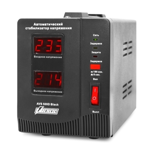 Стабилизатор напряжения Powerman AVS 500D черный (500ВА, 5А, КПД 98%, циф. индикация вх./вых. напряж.)