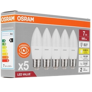 Лампа светодиодная LED Value LVCLB60 7SW/830 свеча матовая E14 230В 10х1 RU OSRAM 4058075578883