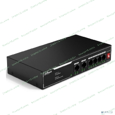 Коммутатор неуправляемый 6-портовый с РоЕ Dahua DH-SF1006LP, 4xRJ45 100Mb PoE, 2xRJ45 100Mb uplink, суммарно 36Вт, коммутация 1.2 Гбит/с, MAC-таблица 2K, металл