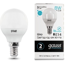 Лампа светодиодная Gauss Elementary 8Вт цок.: E14 шар 220B 4100K св. свеч. бел. нейт. P45 (упак.: 10 шт)